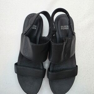 Eileen Fisher Bovery‎ X Band Black Leather Platform Slingback Sandle Womens 9